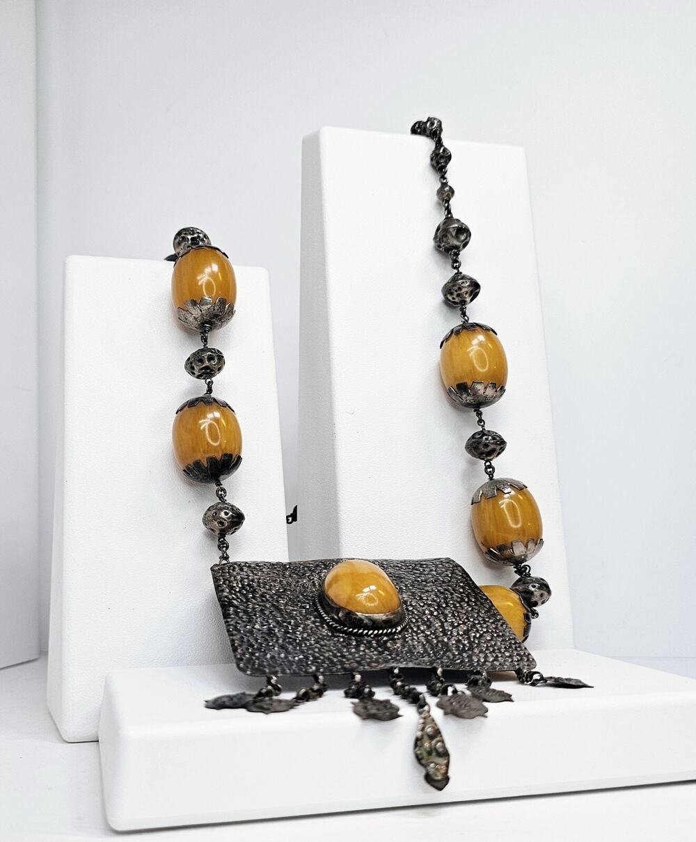 Vintage Hand Made 925 Sterling Silver & Yellow Stone Statement Necklace *Rare*